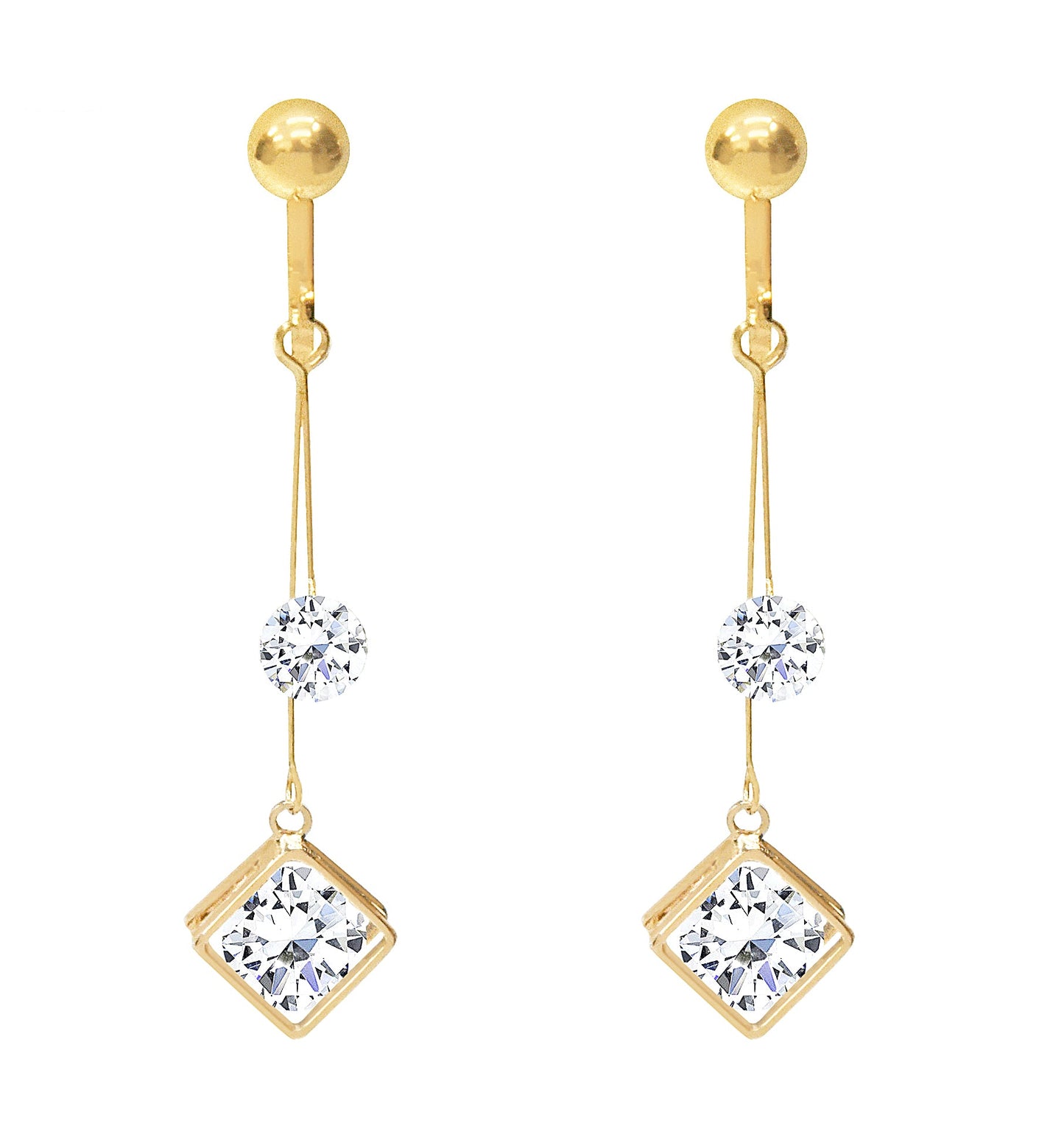 Crystal Drop Dangle Clip On Earrings Tassel Non Pierced Rhombus Gold