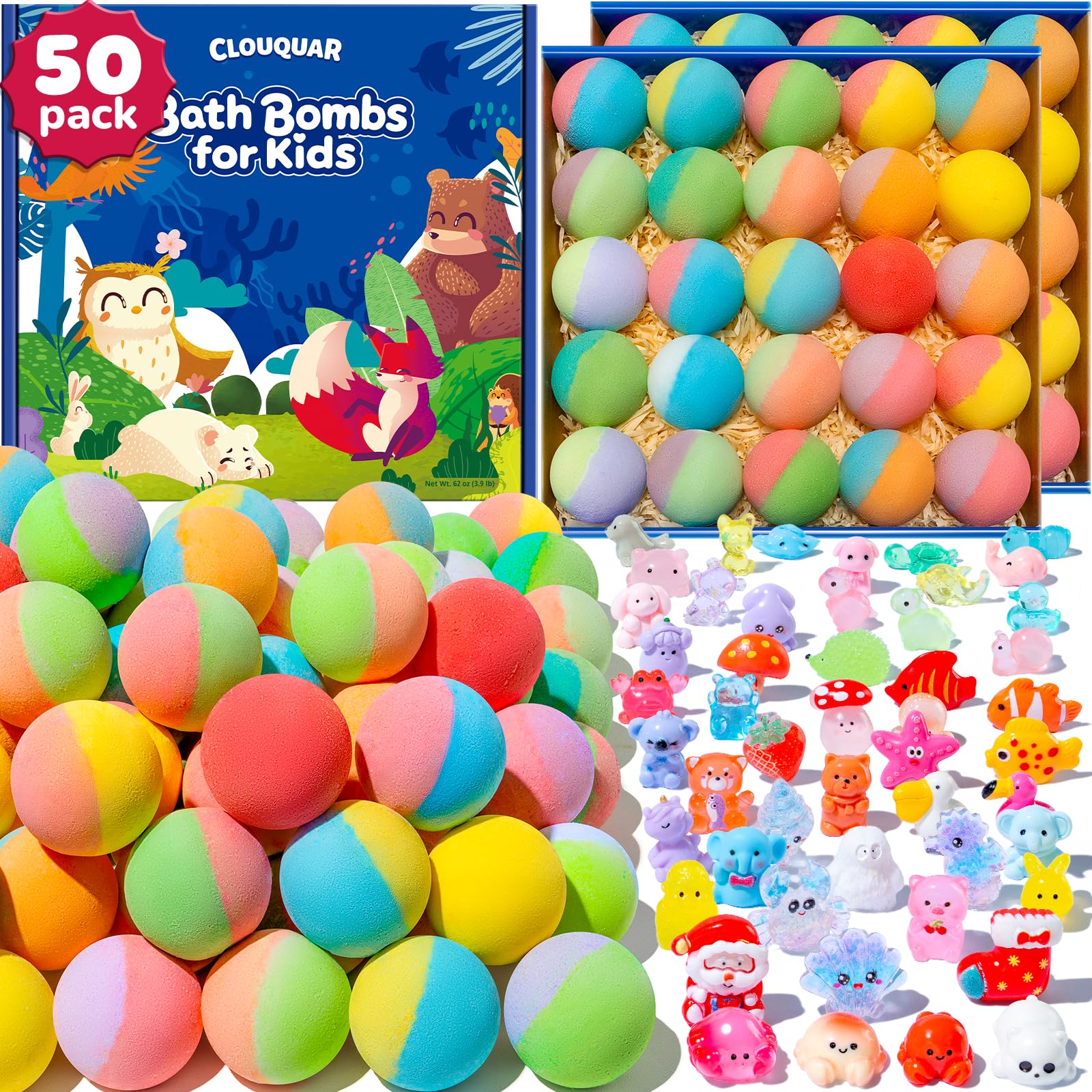 CLOUQUAR 50-Pack Bath Bombs for Kids – Surprises & Glow Toys, Safe & Vegan
