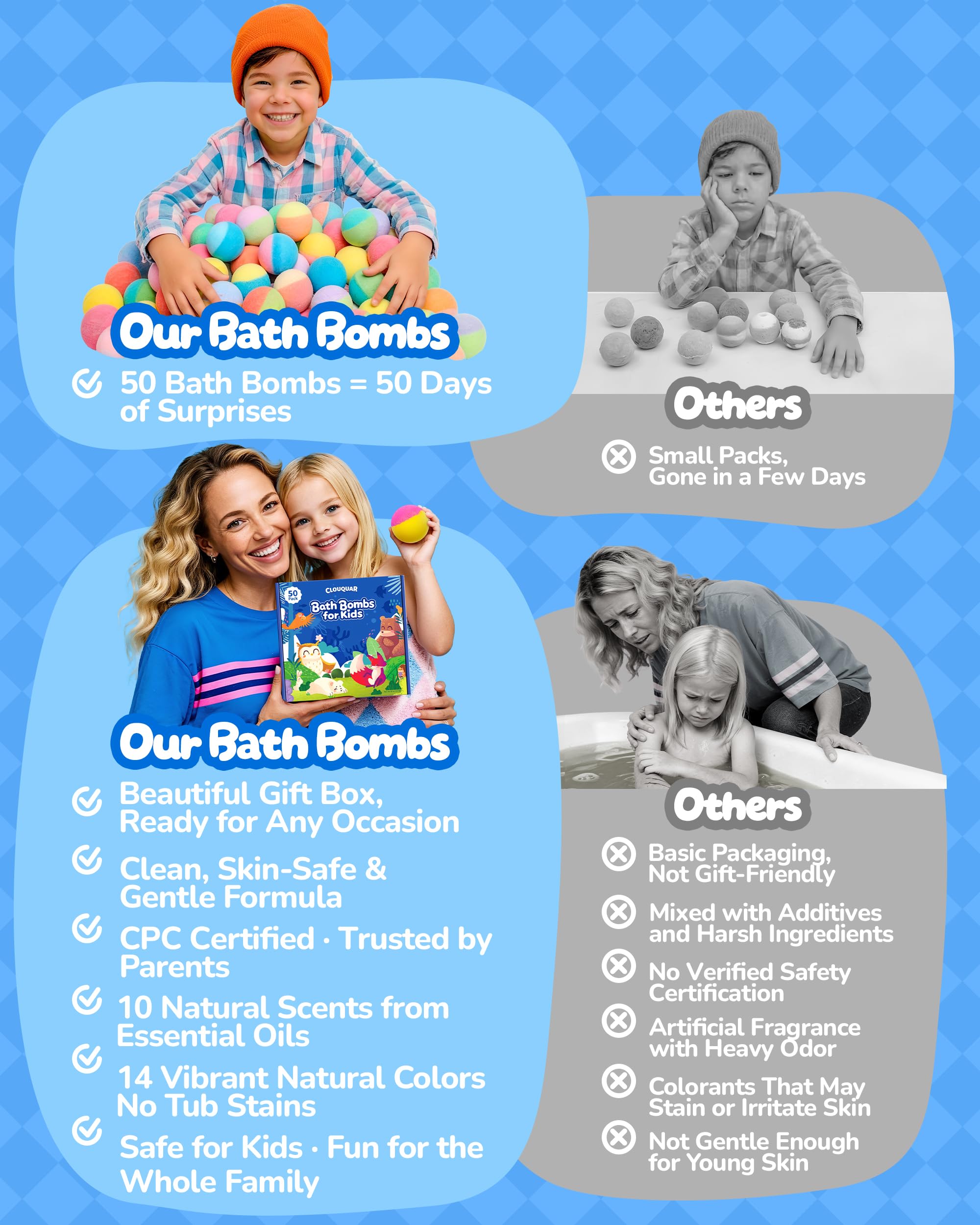 CLOUQUAR 50-Pack Bath Bombs for Kids – Surprises & Glow Toys, Safe & Vegan