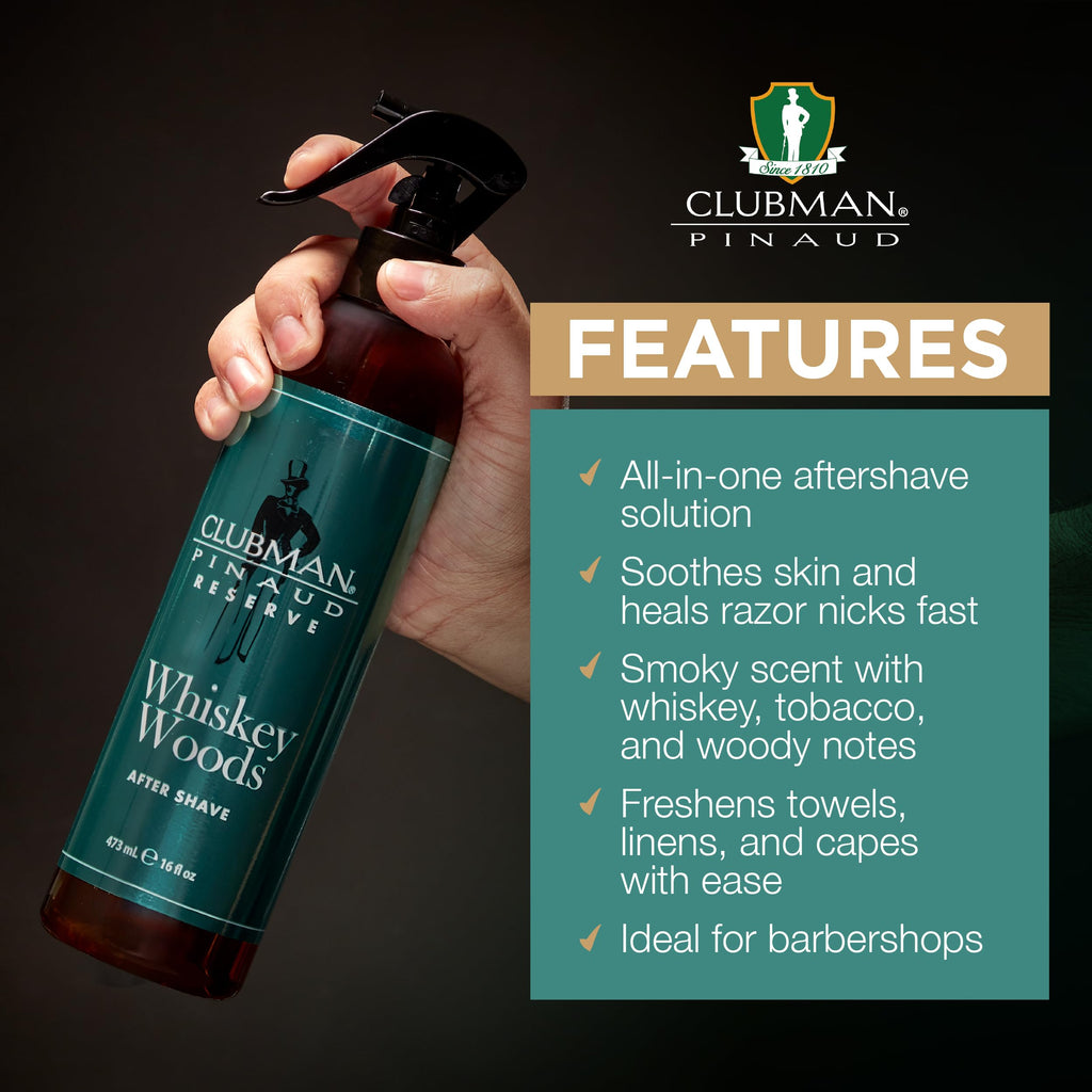 Clubman Reserve Whiskey Woods After Shave Spray – Long-Lasting Fragrance, 16 oz