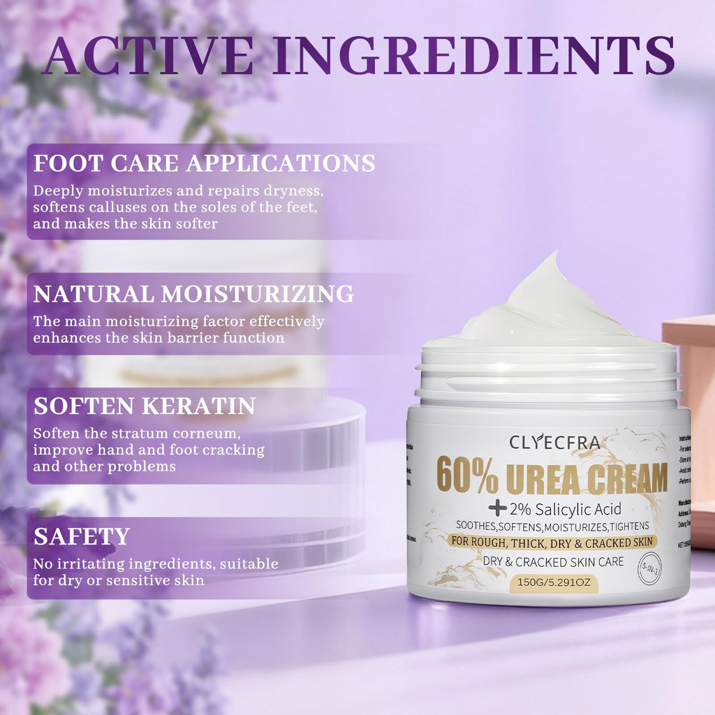 Clyecfra 5-in-1 60% Urea Cream with 2% Salicylic Acid – Maximum Strength Moisturizer for Feet & Hands (150g)