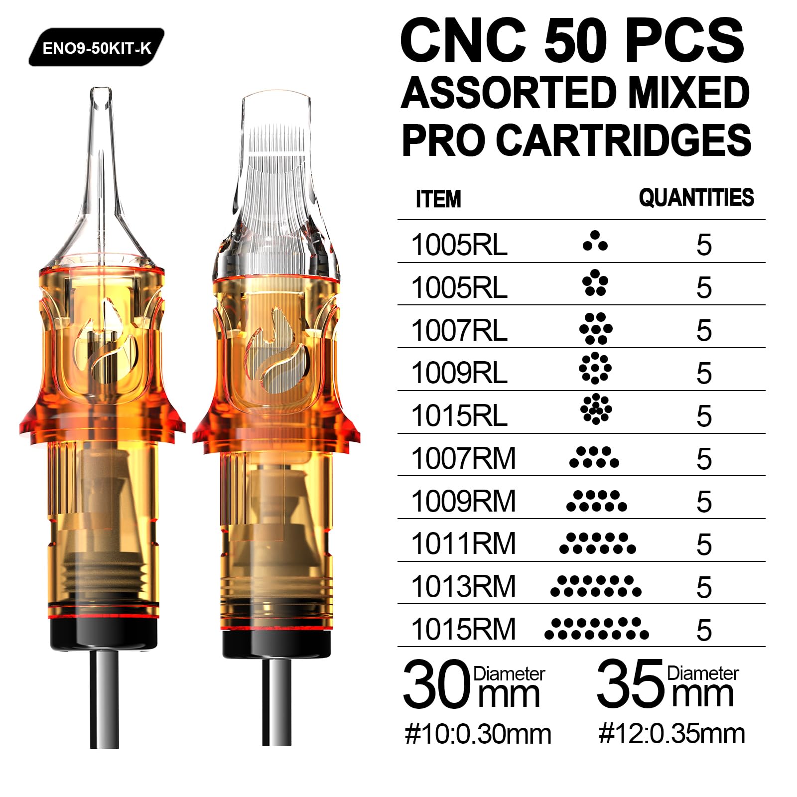 CNC Tattoo Needle Cartridges 50pcs – Mixed RL & RM Tips (#10 Bugpin), EN09-50KIT-K