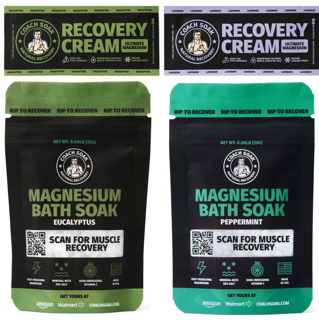 Coach Soak Magnesium Bath Flakes Mint & Lotion Trial Pack – Post-Workout Recovery with Menthol Cream (4-Pack, Mixed Scents)