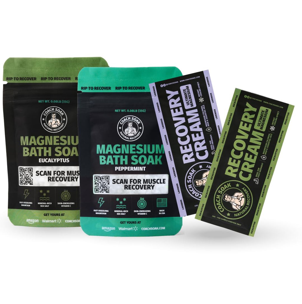 Coach Soak Magnesium Bath Flakes Mint & Lotion Trial Pack – Post-Workout Recovery with Menthol Cream (4-Pack, Mixed Scents)