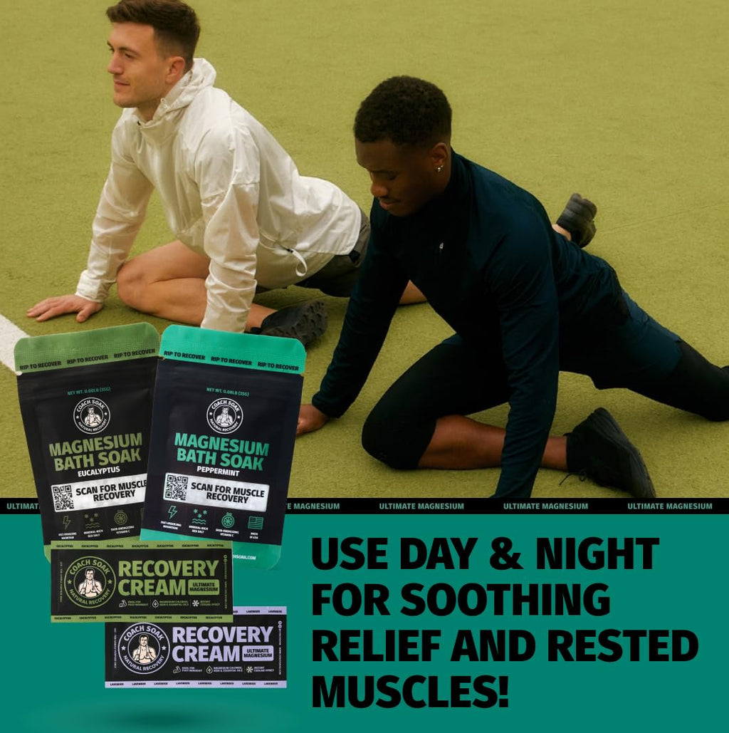 Coach Soak Magnesium Bath Flakes Mint & Lotion Trial Pack – Post-Workout Recovery with Menthol Cream (4-Pack, Mixed Scents)