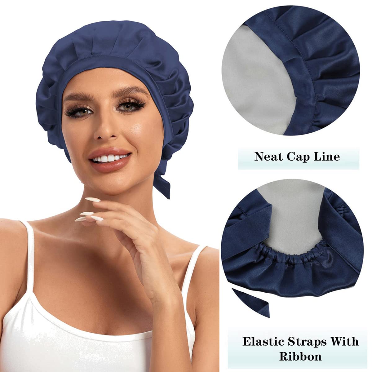 Cocheng 100% Mulberry Silk Bonnet for Sleeping — Double-Layer, 19 Momme, Navy