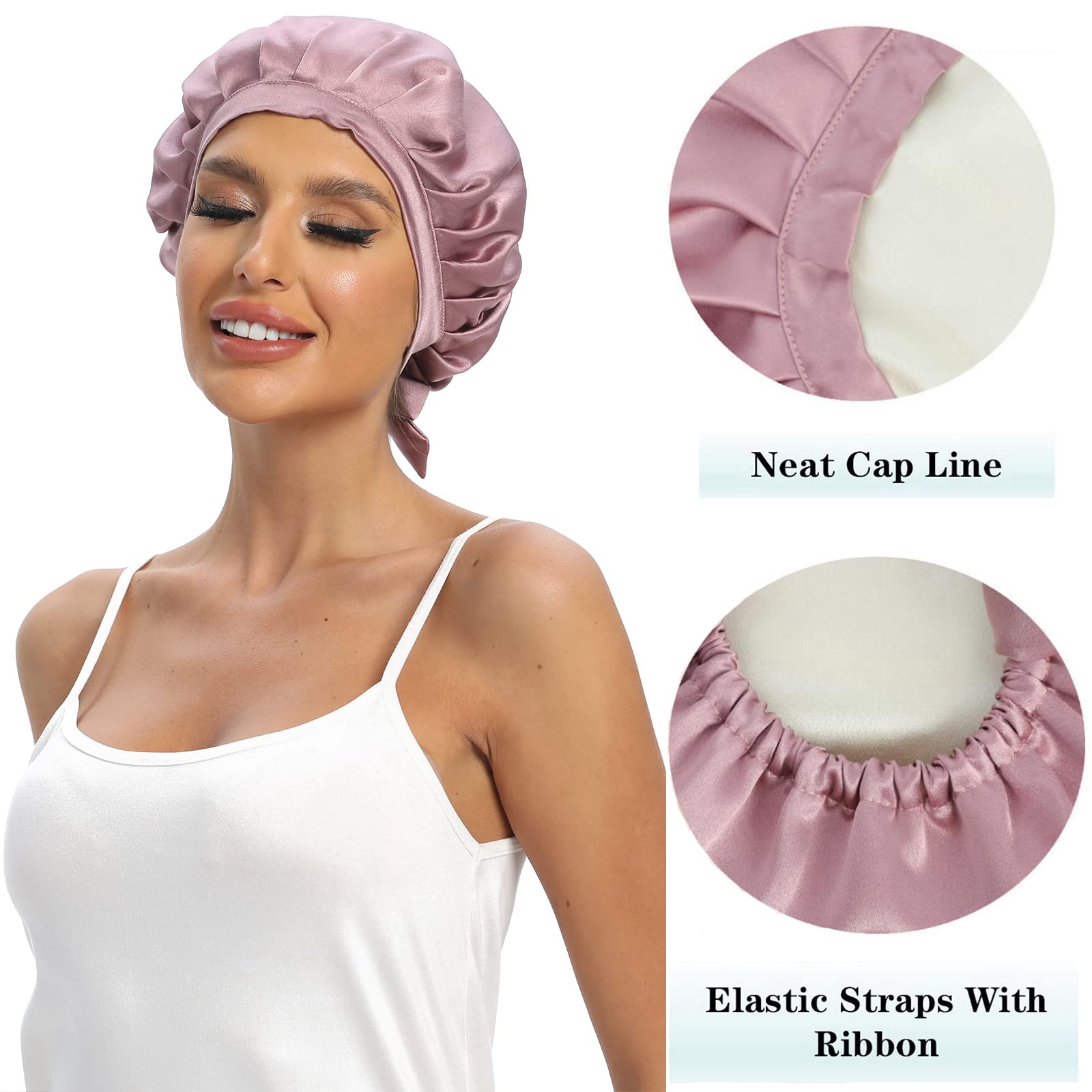 Cocheng Mulberry Silk Bonnet - Double-Sided Sleep Cap with Adjustable Ribbon, 19 Momme, Bean Pink