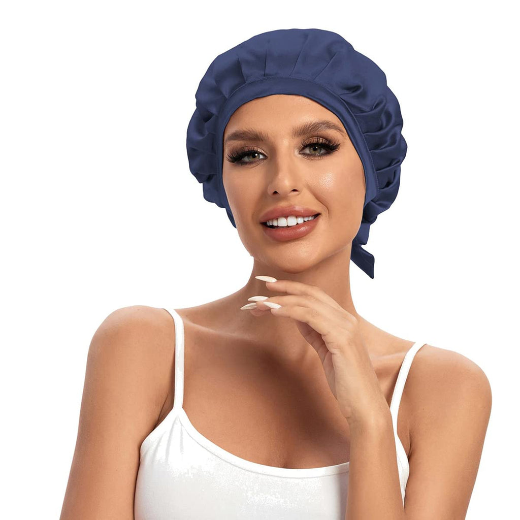 Cocheng 100% Mulberry Silk Bonnet for Sleeping — Double-Layer, 19 Momme, Navy
