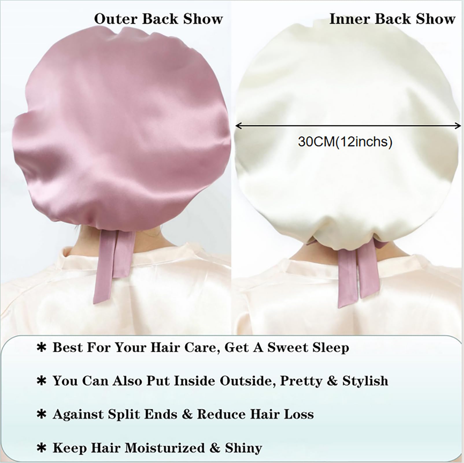 Cocheng Mulberry Silk Bonnet - Double-Sided Sleep Cap with Adjustable Ribbon, 19 Momme, Bean Pink