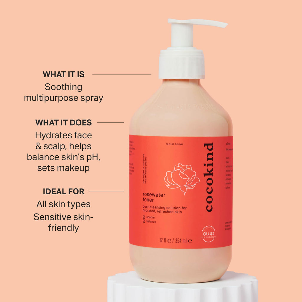 Cocokind Jumbo Rosewater Toner – Hydration, pH Balance & Makeup Setting (12 oz)