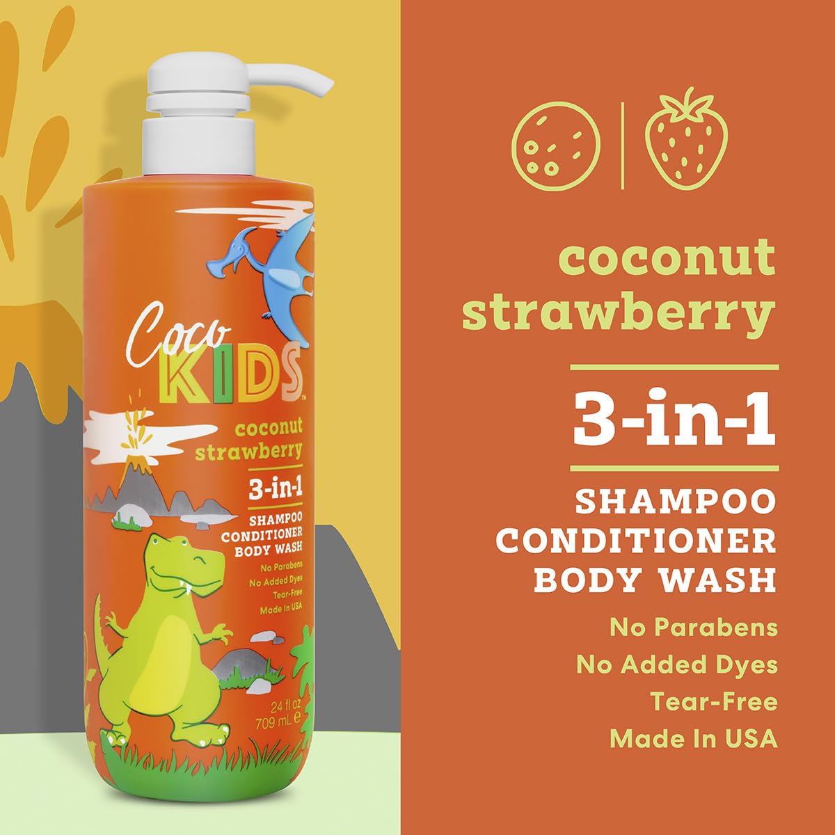 Cocomagic Cocokids 3-in-1 Kids Shampoo, Conditioner & Body Wash | Tear-Free, No Parabens | Made in USA, Coconut Strawberry, 24 fl oz