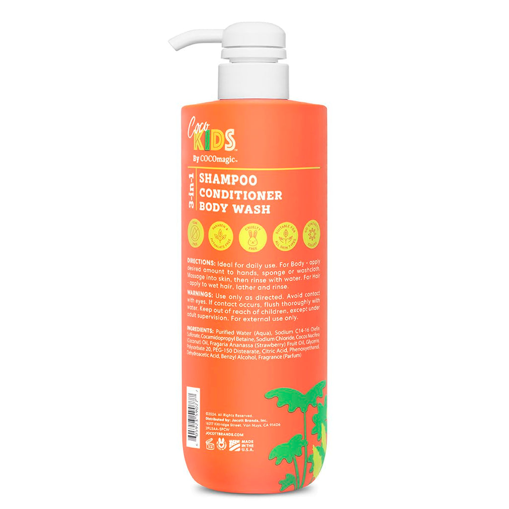 Cocomagic Cocokids 3-in-1 Kids Shampoo, Conditioner & Body Wash | Tear-Free, No Parabens | Made in USA, Coconut Strawberry, 24 fl oz