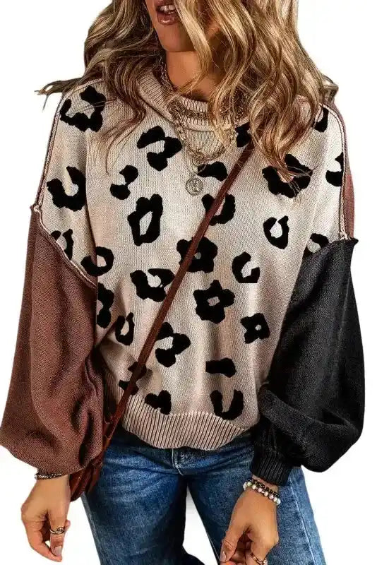Coffee Leopard Print Colourblock Pullover Sweater Women UK
