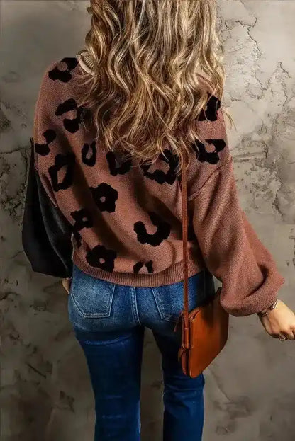 Coffee Leopard Print Colorblock Pullover Sweater