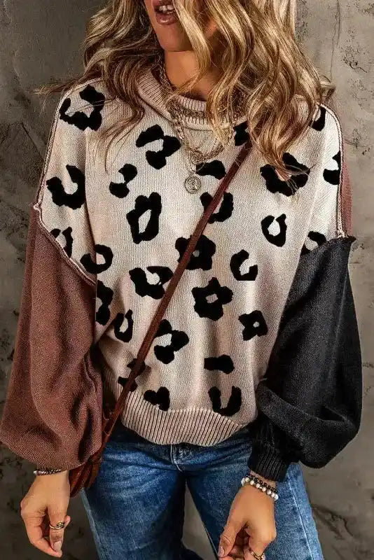 Coffee Leopard Print Colourblock Pullover Sweater Women UK