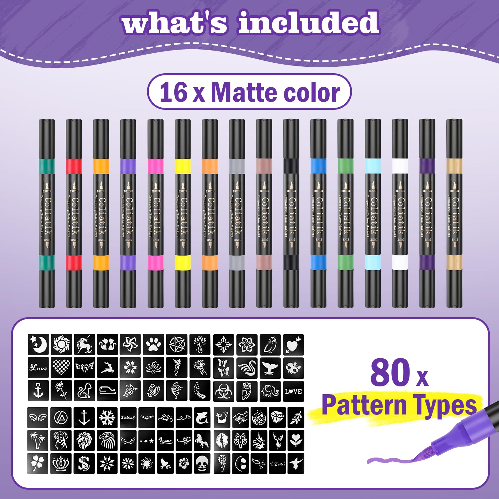 Coliatik Temporary Tattoo Markers Kit – 16 Colors + 80 Stencils (Skin-Safe, Washable)