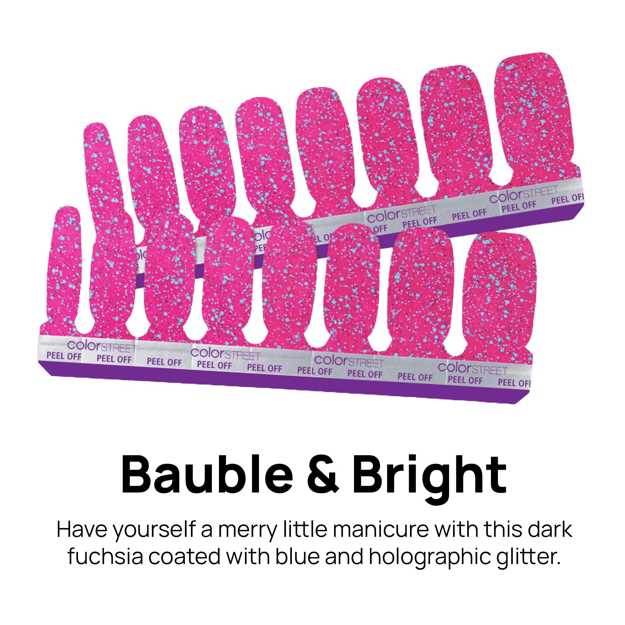 Color Street Bauble & Bright Hot Pink Glitter Nails with Blue Sparkle – 16 Real Polish Strips