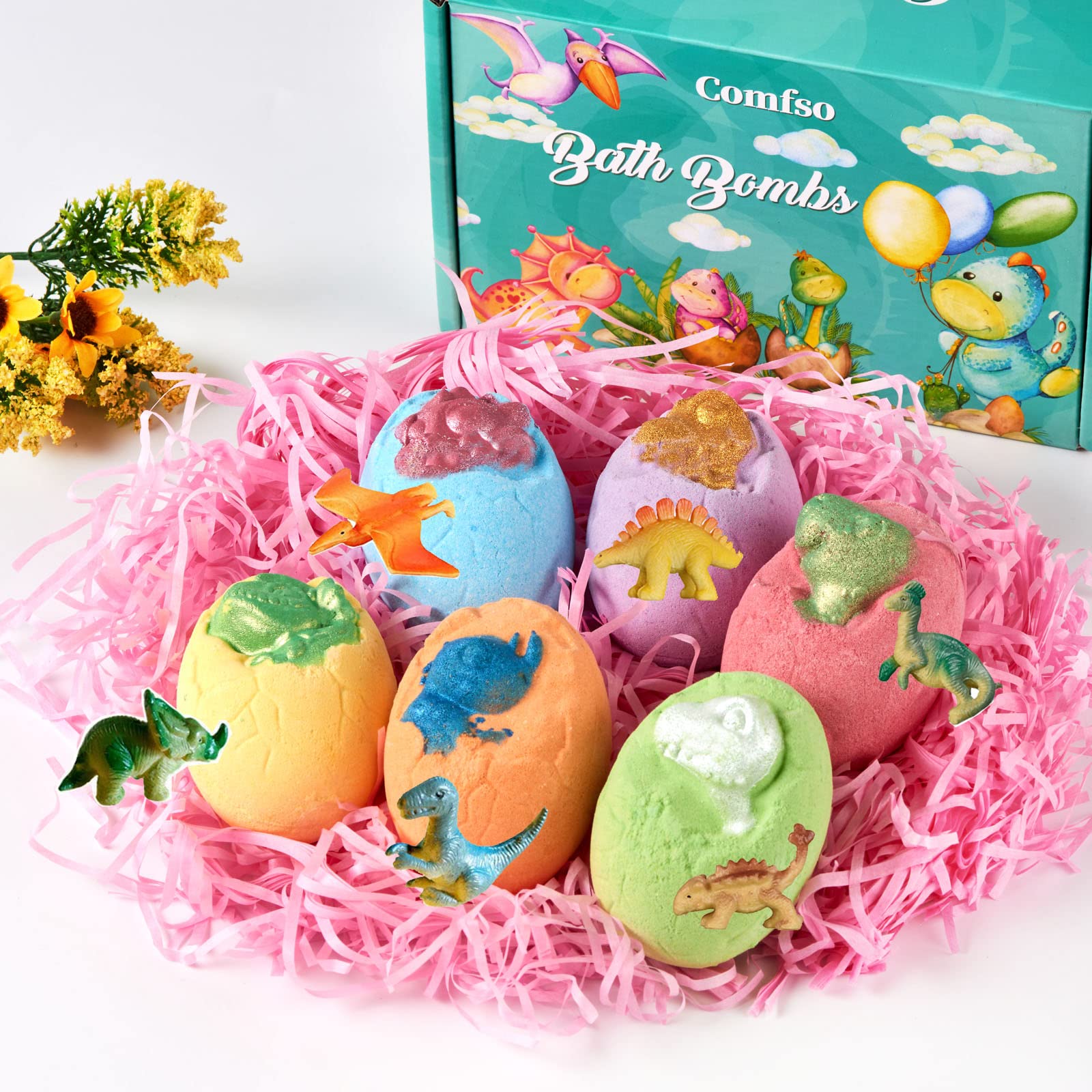 Comfso Kids Bath Bombs – XL Dino Eggs with Surprise Toys | Natural Bubble Bath Gift Set
