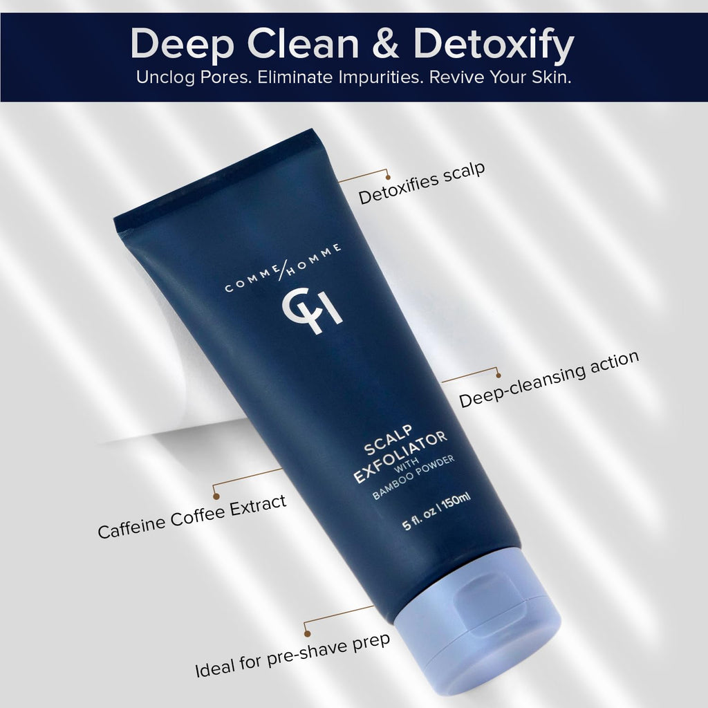 Comme Homme Scalp Exfoliator for Bald Men – Detoxifying Pre-Shave Scrub with Bamboo, Glycolic Acid, Aloe & Caffeine (5 fl oz / 150 ml)