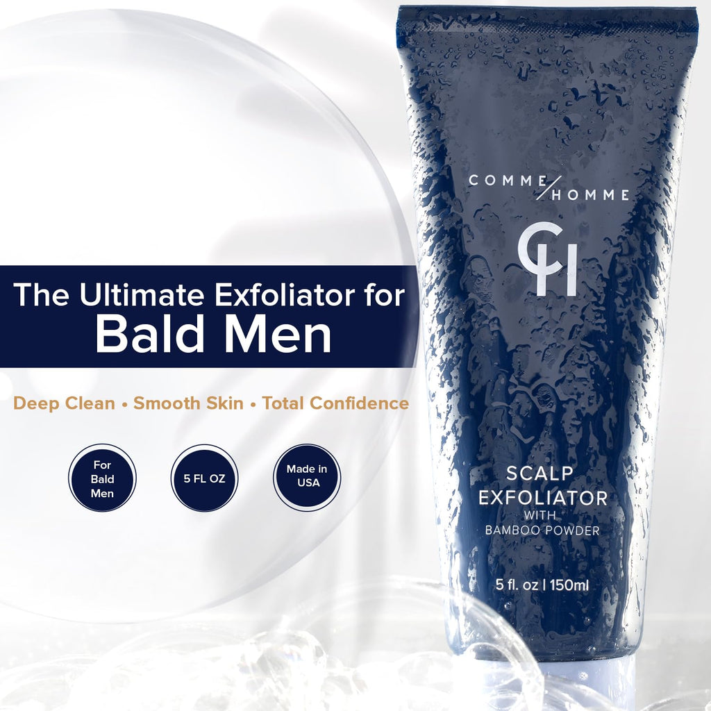 Comme Homme Scalp Exfoliator for Bald Men – Detoxifying Pre-Shave Scrub with Bamboo, Glycolic Acid, Aloe & Caffeine (5 fl oz / 150 ml)