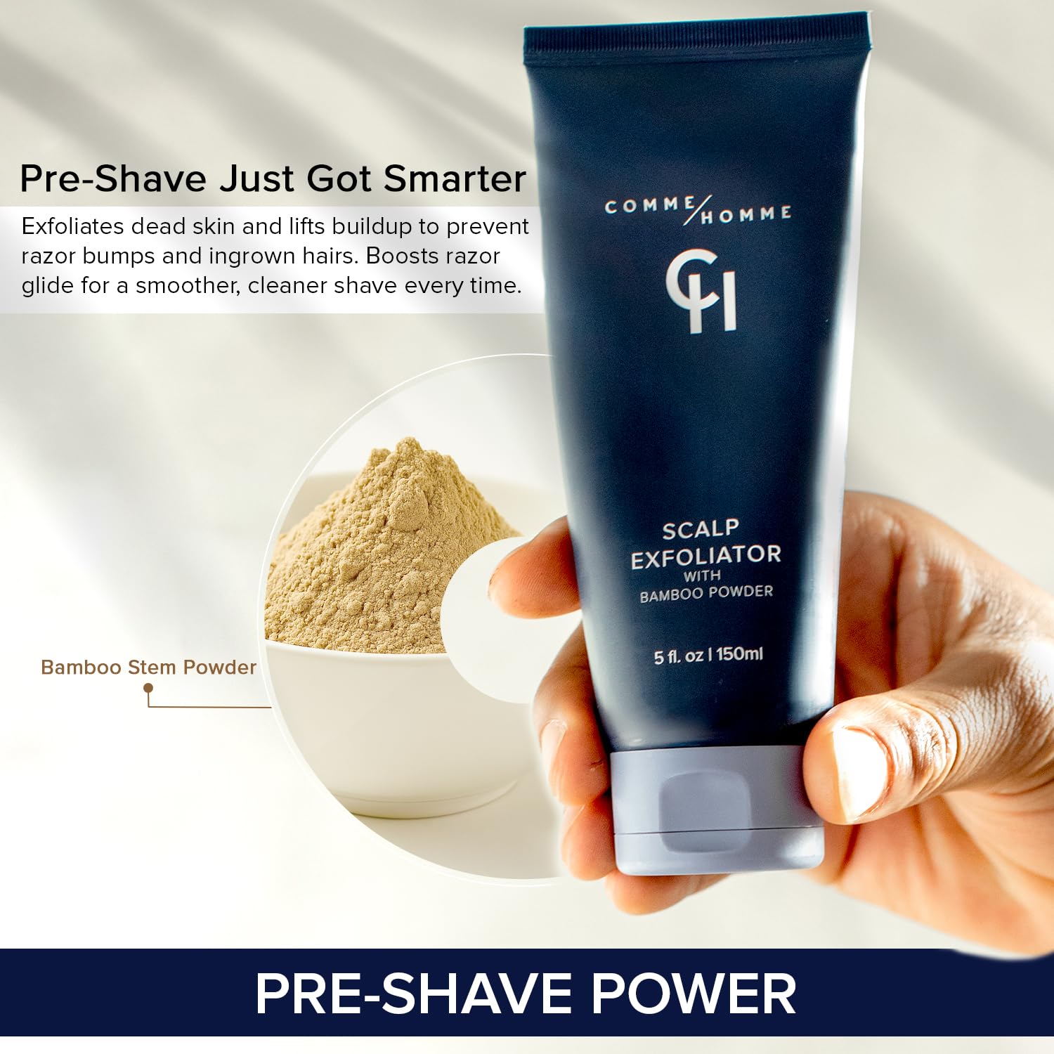 Comme Homme Scalp Exfoliator for Bald Men – Detoxifying Pre-Shave Scrub with Bamboo, Glycolic Acid, Aloe & Caffeine (5 fl oz / 150 ml)