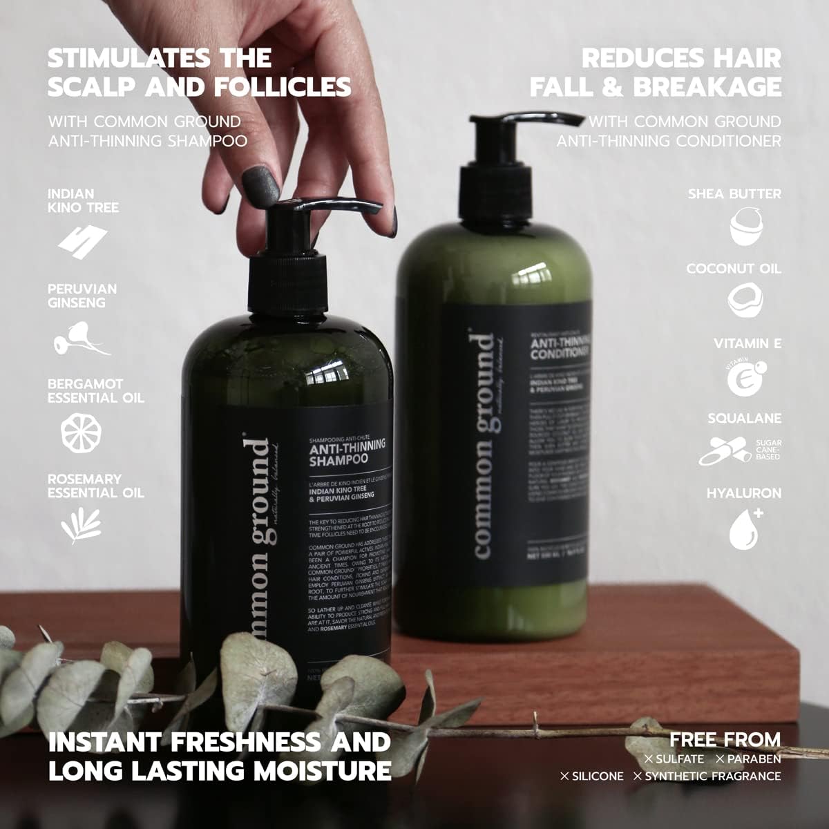 Common Ground Anti-Thinning Shampoo & Conditioner Set – Plant-Based, Bergamot & Rosemary, DHT Support