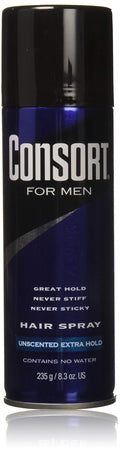 Consort For Men Hair Spray Unscented Extra Hold 8.30 oz (Pack of 3) - Fast-Drying, Water-Free