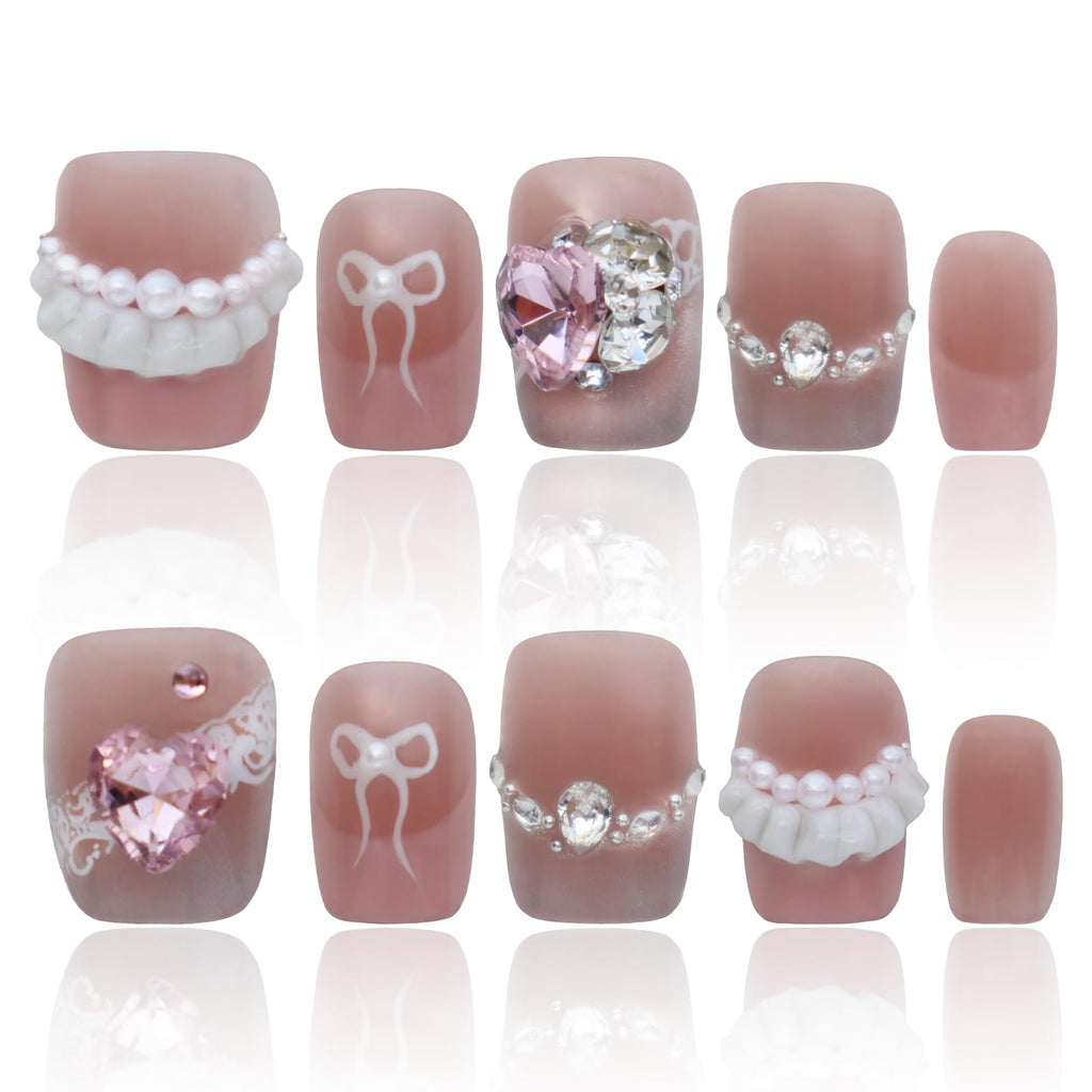 COOLYOUNG Handmade Pink Short Press On Nails – 15 Pcs, Ballet Design, Quick 3-Minute Application