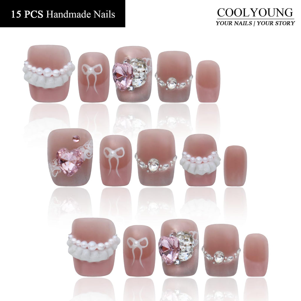 COOLYOUNG Handmade Pink Short Press On Nails – 15 Pcs, Ballet Design, Quick 3-Minute Application