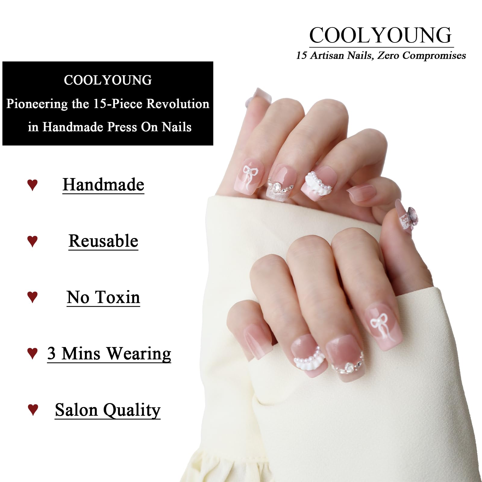 COOLYOUNG Handmade Pink Short Press On Nails – 15 Pcs, Ballet Design, Quick 3-Minute Application