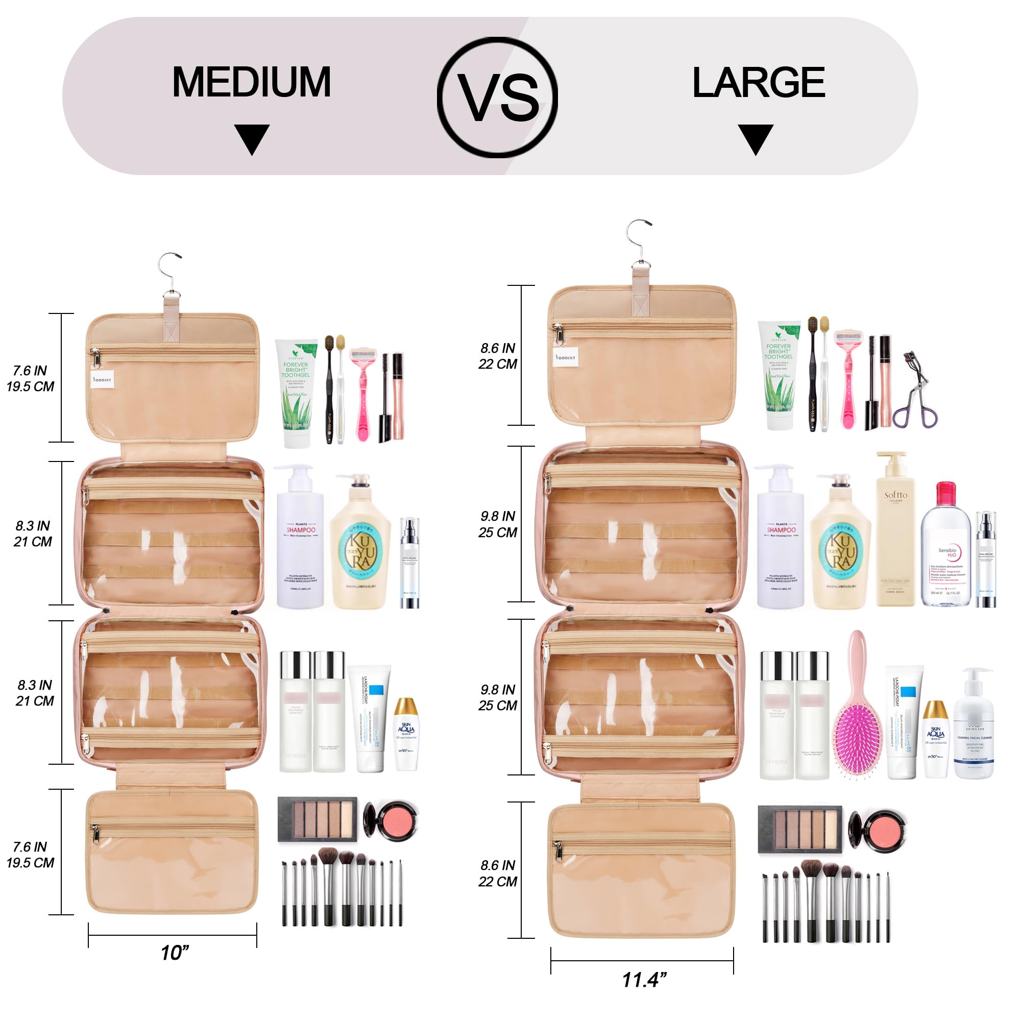 COOSKY Travel Hanging Toiletry Bag for Women | Jewelry Organizer Compartment, Medium Waterproof Dopp Kit – Baby Pink