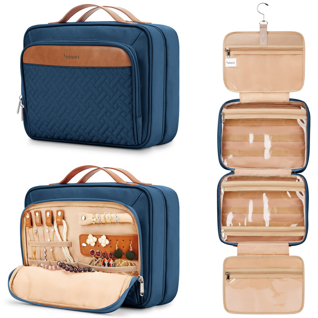COOSKY Travel Hanging Toiletry Bag for Women – Extra Large Waterproof Makeup Bag with Jewelry Organizer – Navy