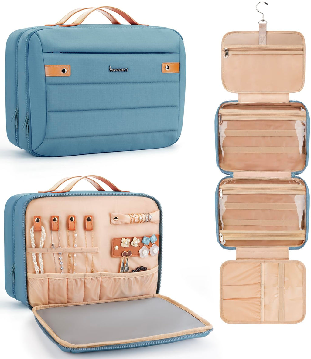 COOSKY Women's Hanging Toiletry Bag — Waterproof Travel Organizer with Jewelry Storage, Large Capacity, Blue