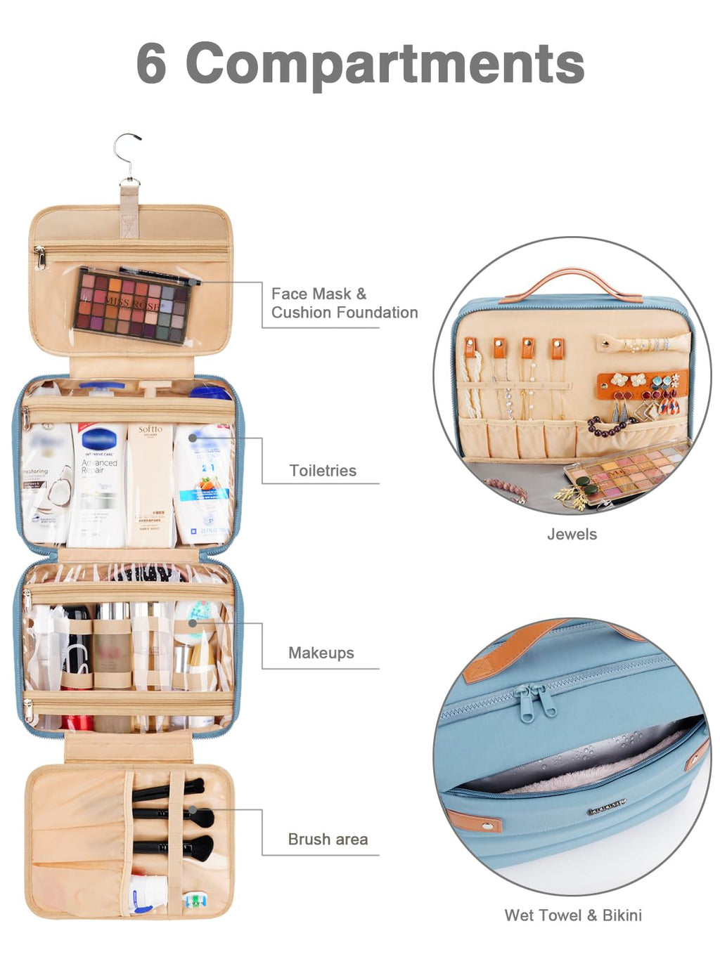 COOSKY Women's Hanging Toiletry Bag — Waterproof Travel Organizer with Jewelry Storage, Large Capacity, Blue