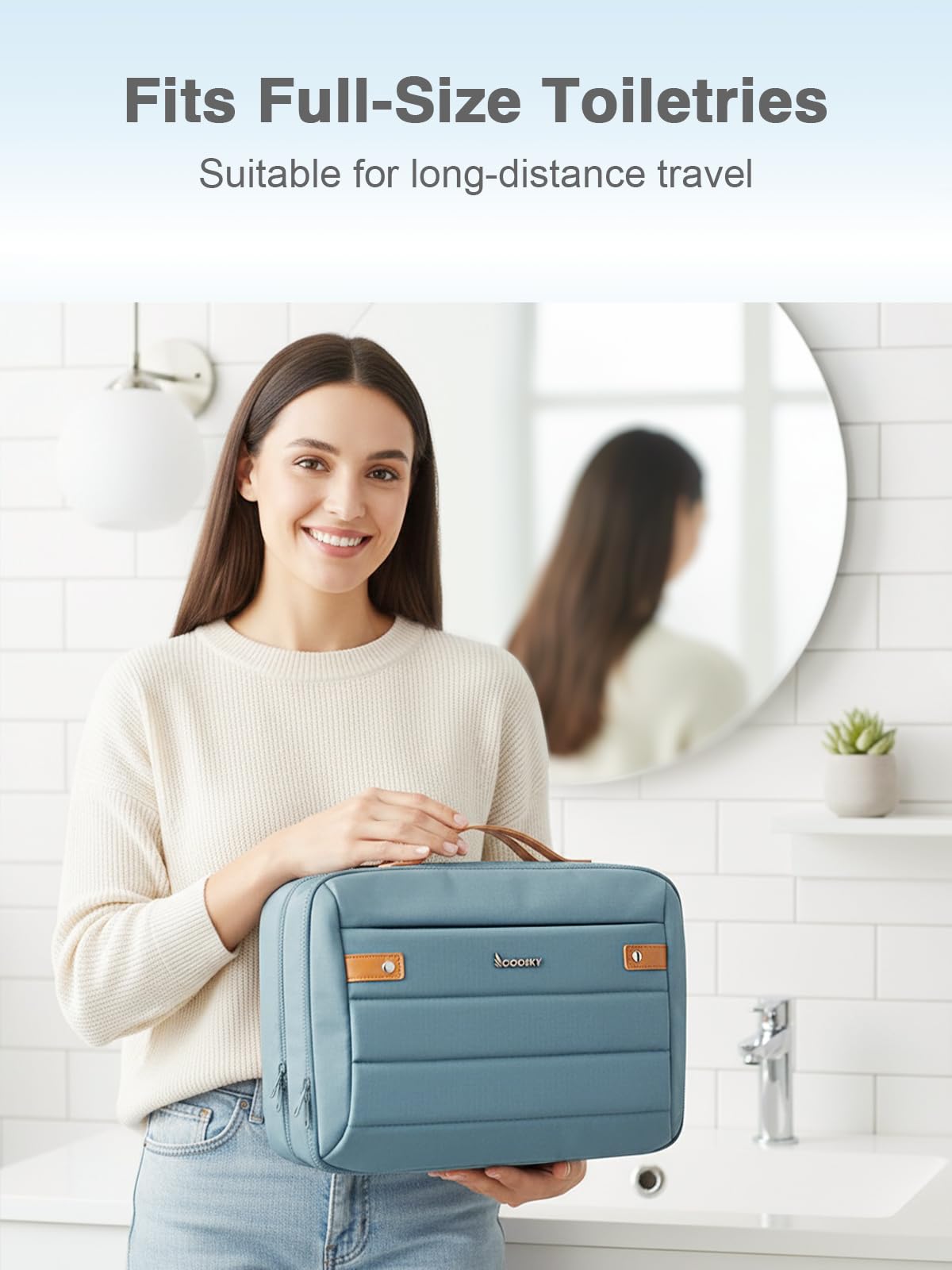 COOSKY Women's Hanging Toiletry Bag — Waterproof Travel Organizer with Jewelry Storage, Large Capacity, Blue