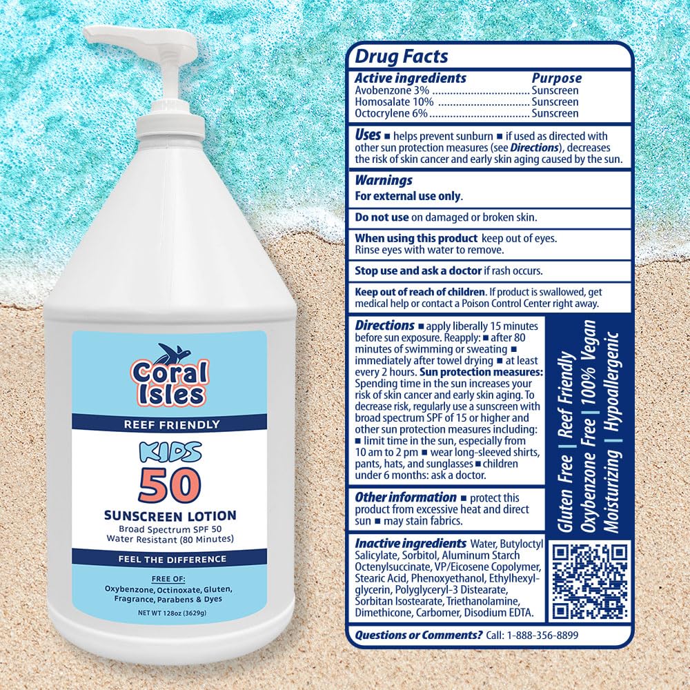 Coral Isles SPF 50 Kids Lotion by Rocky Mountain Sunscreen | Reef-Safe, Broad Spectrum UVA/UVB | Water Resistant 80 Min | 128 oz