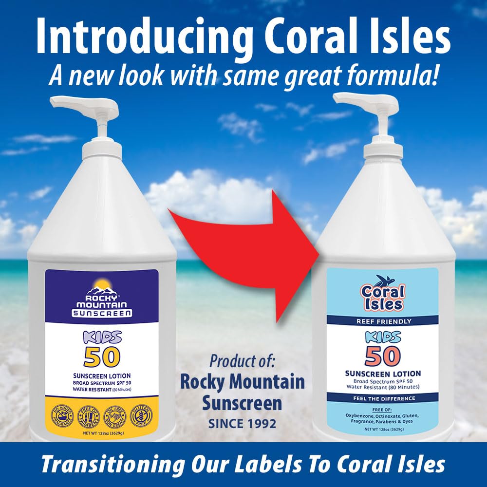 Coral Isles SPF 50 Kids Lotion by Rocky Mountain Sunscreen | Reef-Safe, Broad Spectrum UVA/UVB | Water Resistant 80 Min | 128 oz