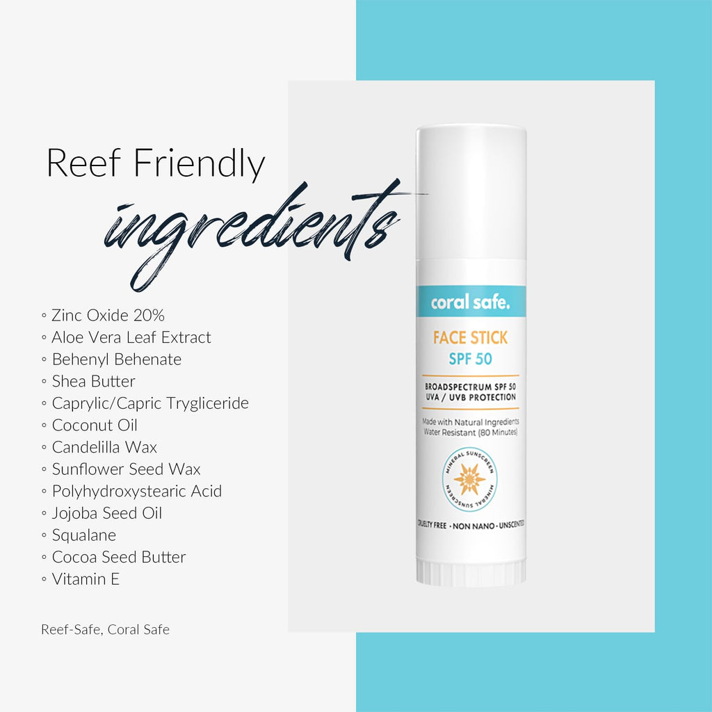 Coral Safe Reef Safe Sunscreen SPF 50 Facestick – Mineral, Biodegradable, 80-Min Water Resistant, USA Made