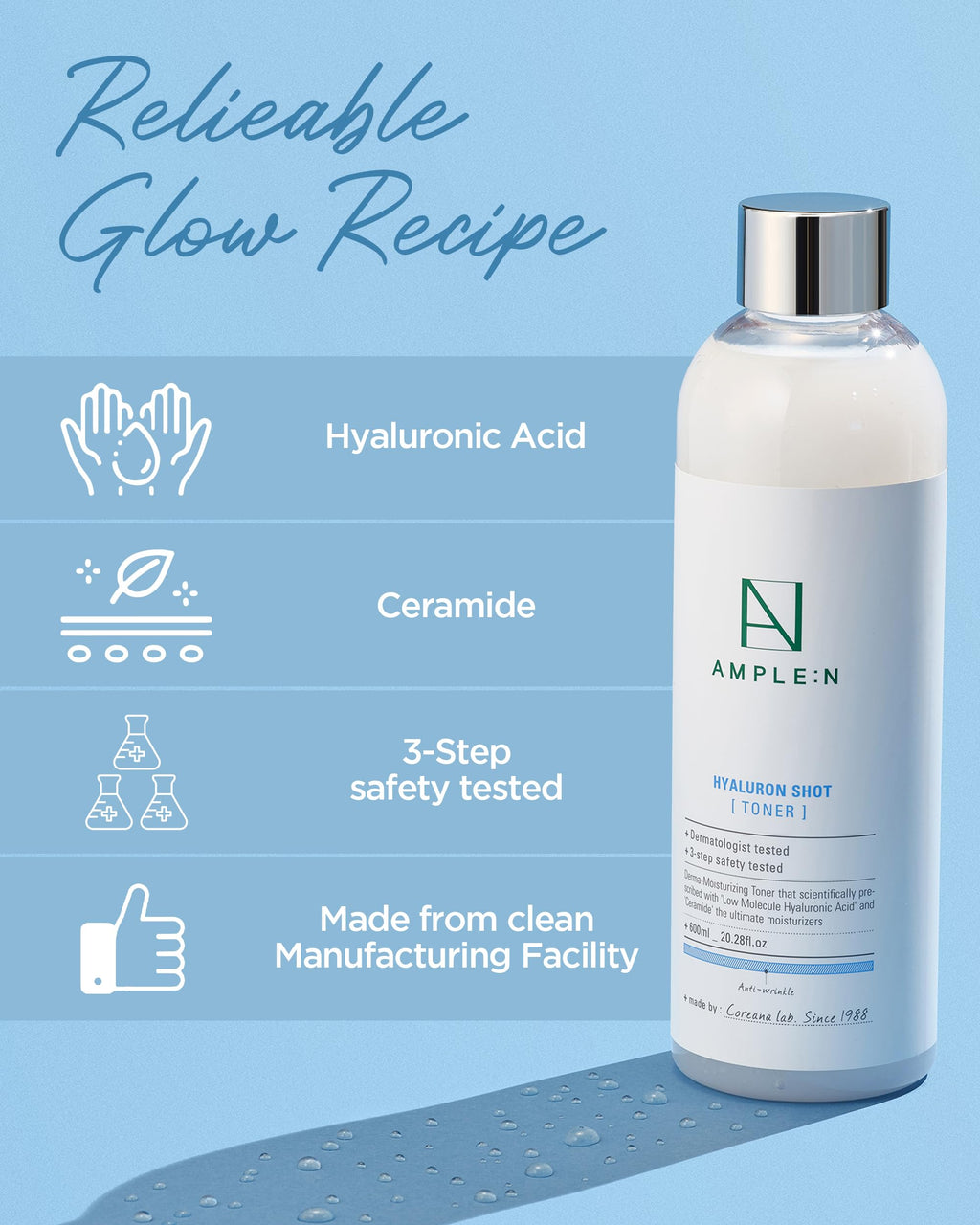 CORÉANA Ample:N Hyaluron Shot Toner – Hydrating Korean Hyaluronic Acid & Ceramide Toner
