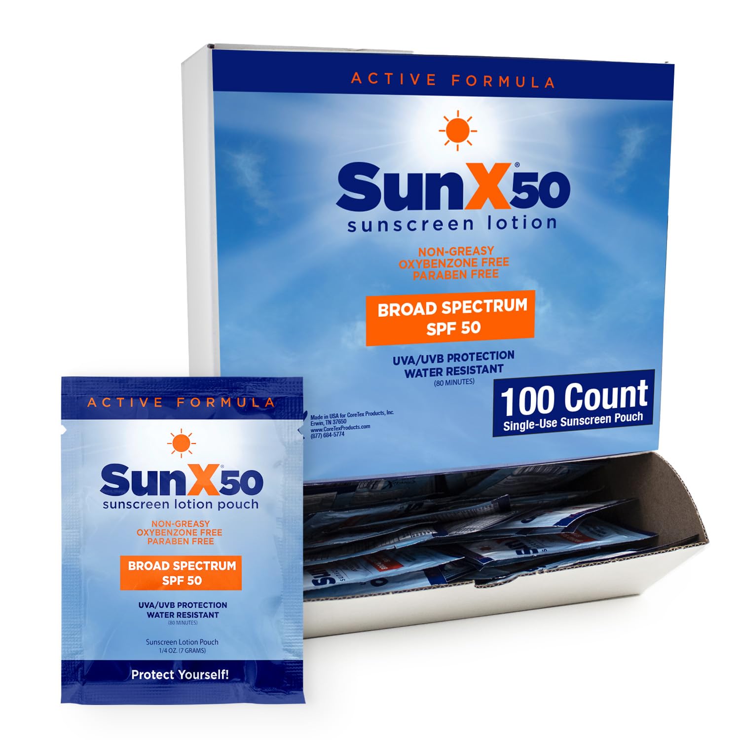CoreTex Sun X 50 SPF Packets – Pack of 100, Oil-Free, Reef Safe, 80-Minute Water-Resistant Broad Spectrum SPF 50
