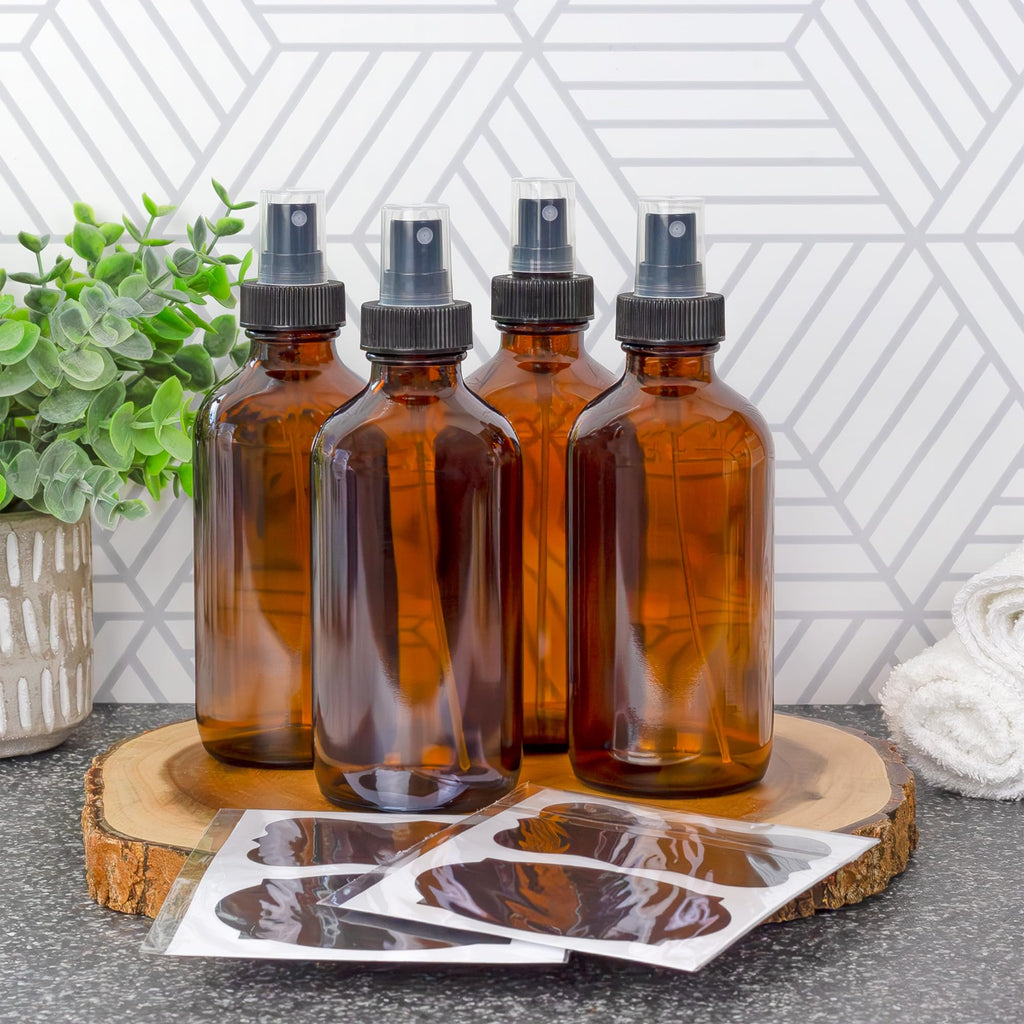 Cornucopia Brands 8oz Amber Glass Fine Mist Spray Bottles (4-Pack) – Boston Round with Atomizers