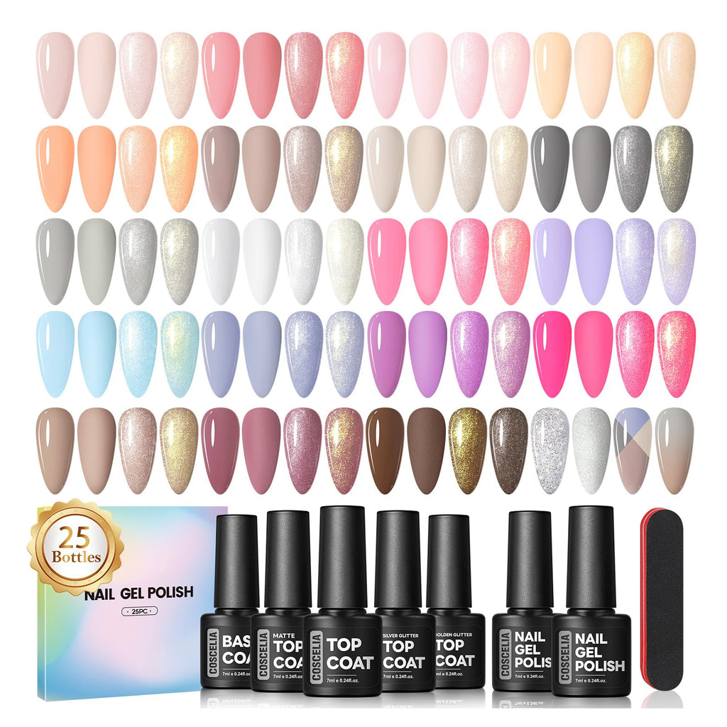 COSCELIA 25 Bottles Gel Nail Polish Set – 20 Colors + 5pc Top/Base Coat Kit