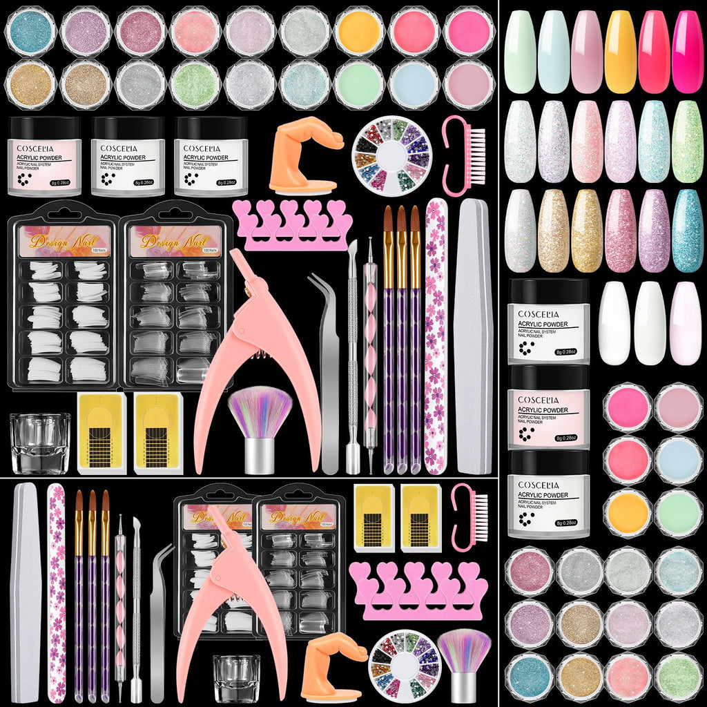COSCELIA Acrylic Nail Kit for Beginners – All-in-One Professional Manicure Set with Powder, Glitter & Rhinestones