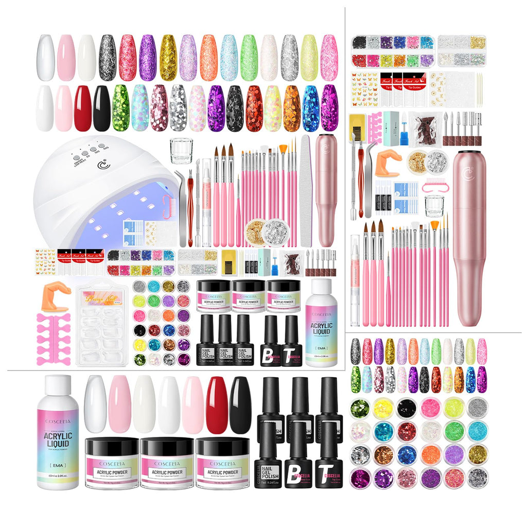 COSCELIA Acrylic Nail Kit for Beginners — All-in-One Gel Polish, Acrylic Powder, Drill & UV Light