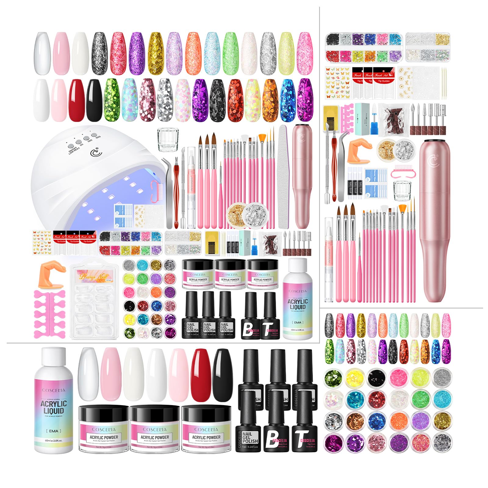 COSCELIA Acrylic Nail Kit for Beginners — All-in-One Gel Polish, Acrylic Powder, Drill & UV Light