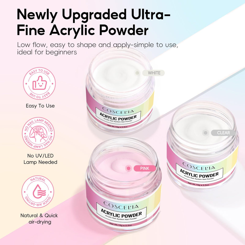 COSCELIA Acrylic Nail Kit for Beginners — All-in-One Gel Polish, Acrylic Powder, Drill & UV Light