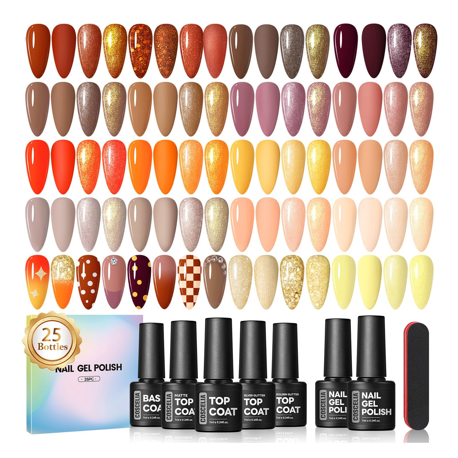 COSCELIA 25 PCS Nude Brown Gel Nail Polish Set – 20 Colors + 5 Top & Base Coats, DIY Manicure Starter Kit