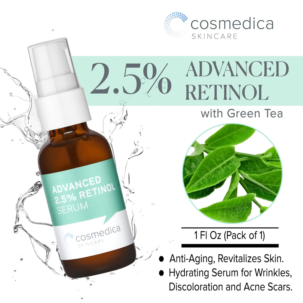 Cosmedica Skincare Advanced 2.5% Retinol Serum – Green Tea, Hyaluronic Acid & Vitamin E, 1oz