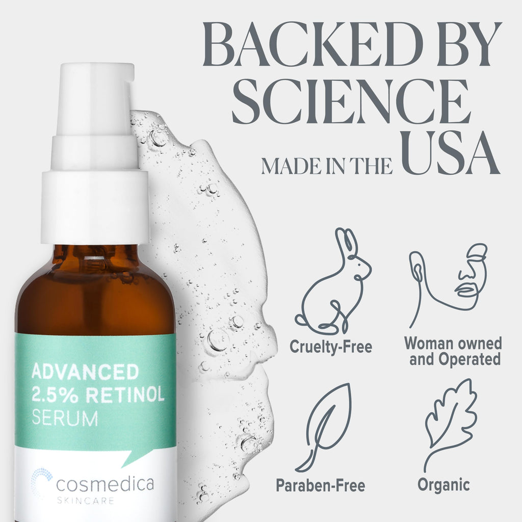 Cosmedica Skincare Advanced 2.5% Retinol Serum – Green Tea, Hyaluronic Acid & Vitamin E, 1oz