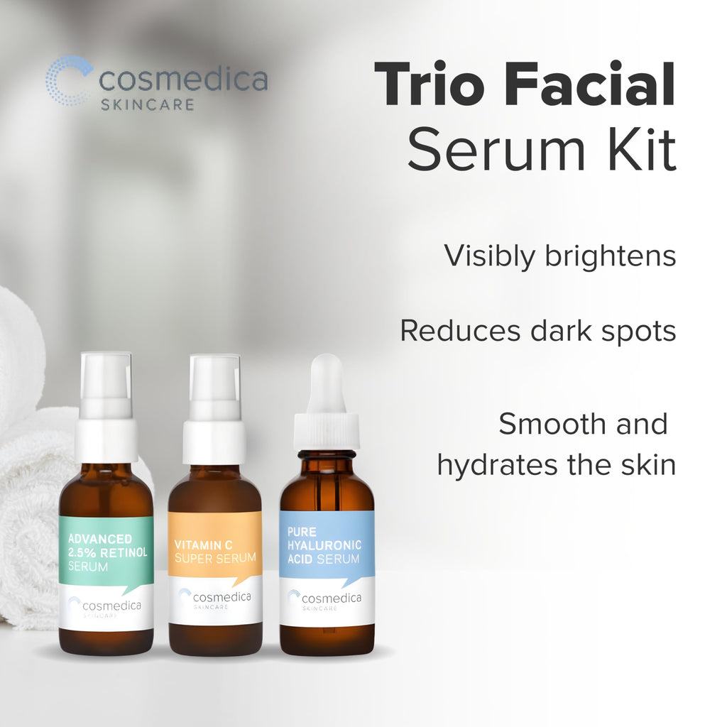 Cosmedica Skincare Facial Serum Trio – Vitamin C, Retinol 2.5%, Hyaluronic Acid